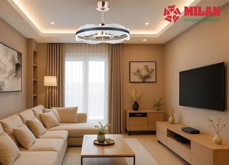 Quạt trần giấu cánh kèm đèn LED lắp trong phòng khách nhỏ trần thạch cao